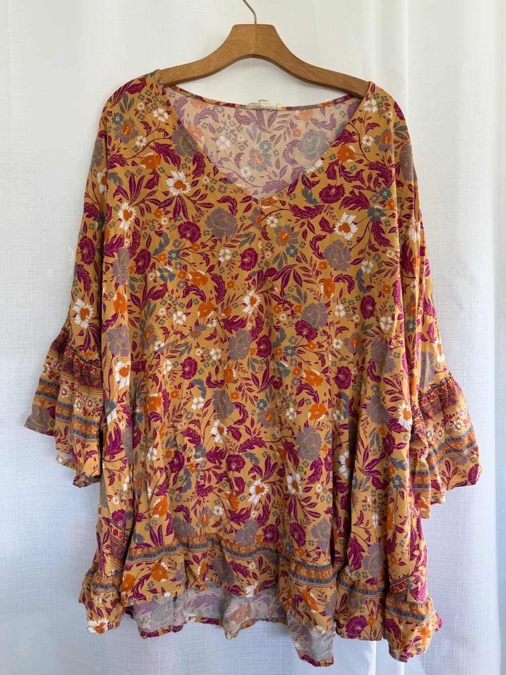Loralette Boho Floral Bell Sleeve Tunic Top Size 26/28 Mustard Yellow